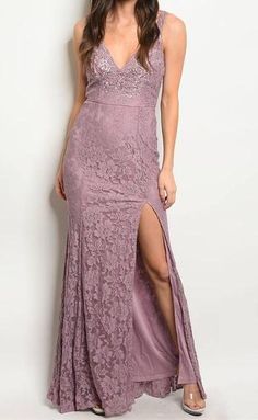 Beautiful floral lace maxi dress with slit up one side. 90% Nylon, 10% Spandex Fully lined Back zip Stretchy Also available in navy blue Sizing Small- 0-2 Medium- 4-6 Large- 8-10 Small approximately: L: 62" B: 32" W: 24" Mauve Dress Formal, Lilac Wedding Colors, Floral Lace Maxi Dress, Lilac Wedding, Mauve Dress, Lace Maxi, Diy Dress, Lace Maxi Dress, Halter Formal Dress