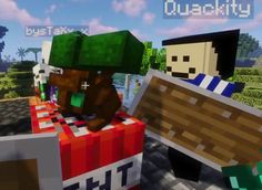 an image of some minecraft characters in the middle of a video game with text overlay