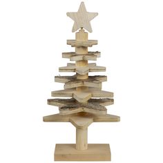 a wooden christmas tree with stars on top