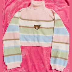 This Is A Pastel Pink, Blue, Green, And Brown Cute Bear Turtle Neck Long Sleeve Sweater Shirt For Women The Size Is Medium It Has Never Been Worn And It’s Brand New With Tags Still Attached. It’s In Great Mint Condition. There Are No Signs Of Wear, No Damages, And No Tears. I Ship Within 1-3 Days Excluding Sundays And Holidays From A Smoke-Free House Cute Striped Long Sleeve Sweater, Cute Striped Fall Tops, Cute Striped Tops For Fall, Pastel Long Sleeve Tops For Winter, Cute Pastel Tops, Pastel Clothes, Turtle Neck Long Sleeve, Cashmere Poncho, Pastel Outfit