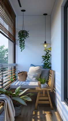 a balcony with plants and pillows on it