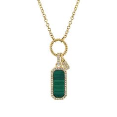 This unique and luxurious charm necklace from Shy Creation features 1.03ct malachite surrounded by 0.13ct round diamonds set in 14 karat yellow gold. Luxury Unique Necklaces With Gemstone Accents, Luxury Gemstone Charm Necklace Fine Jewelry, Luxury Unique Round Pendant Jewelry, Luxury Necklaces With Gemstone Accents, Luxury Diamond Accent Pendant Necklace, Luxury Gemstone Charm Necklace In Fine Jewelry Style, Luxury Diamond Pendant Gemstones, Luxury Round Pendant Charm Necklaces, Luxury Diamond Pendant Necklace With Gemstone