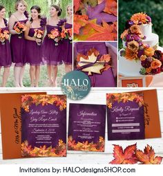 the wedding party is dressed up in purple and orange, with fall leaves on them