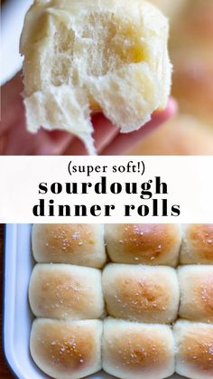 a close up of bread rolls in a pan with the text super soft sourdough dinner rolls