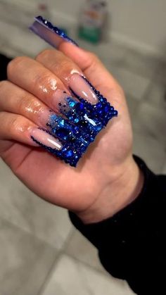 Dark Blue Acrylic Nails With Rhinestones, Dark Blue Acrylic Nails Sparkly, Dark Blue Long Nails With Design, Dark Blue Nails Rhinestone, Long Blue Nails With Rhinestones, Sweet 16 Nails, Blue Prom Nails, Brown Acrylic Nails, Acrylic Nail Set