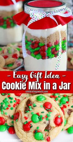 cookie mix in a jar with red and green candies