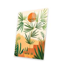 an orange and green plant print on a white background with the sun in the distance