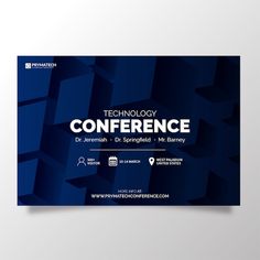 a blue business conference flyer with an abstract pattern on the front and back cover is shown