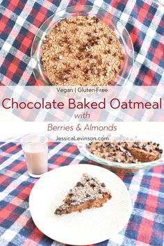 chocolate baked oatmeal with berries and almonds on a plaid tablecloth