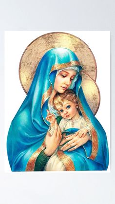 the virgin mary and child jesus in blue with gold trimmings on it's head