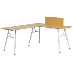 an office desk with a wooden top and metal legs