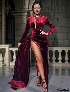 Olivia Mark - Elegant Velvet Turtleneck Evening Gown Burgundy Fitted Long Sleeve Gown, Fitted Long Sleeve Maxi Dress For Red Carpet, High Neck Evening Gown, Velvet Turtleneck, Velvet Evening Gown, Velvet Evening Dress, Velvet Prom Dress, Red S, Waist Circumference