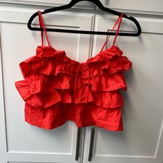 Beautiful Red Ruffled Crop Top, Perfect With Some Jean Shorts! Crop Top For Jeans, Top For Jeans, Net Crop Top, Red Ruffle Top, Flower Crop Top, Blue Velvet Top, Ruffled Crop Top, Black Lace Crop Top, Upcycle Clothes Diy