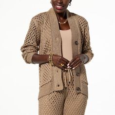 Elevate your wardrobe with the kathy ireland® Fashion 360 Mademoiselle Crochet Cardigan. This metallic cardigan is a versatile piece that blends classic charm with modern flair, perfect for any season.

- Material: Crochet
- Color: Metallic
- Size: Medium
- Gender: Female
- Age Group: Adult

Featuring a delicate crochet design, this button-down cardigan offers a chic peek-a-boo effect when layered over your favorite tops or dresses. Its timeless style ensures it remains a go-to item in your fash Woman's Closet, Ireland Fashion, Delicate Crochet, Womens Closet, Kathy Ireland, Crochet Design, Charm Making, Sleeveless Tops, Peek A Boo