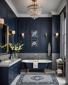 a bath room with a tub a sink and a chandelier