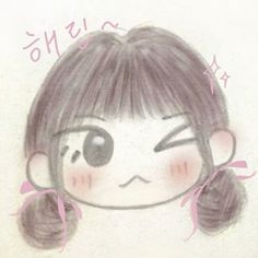 a drawing of a girl with her eyes closed and hair pulled back in ponytails