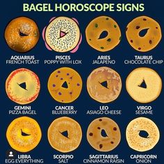 bagel horoscope signs with different types of doughnuts