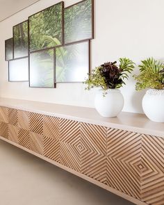 three white vases with plants sitting on top of a wooden cabinet in a room