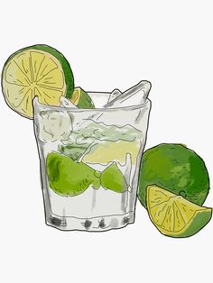 a drawing of a glass filled with ice and limes