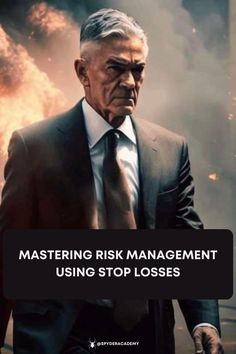 a man in a suit and tie with the words mastering risk management using stop losses