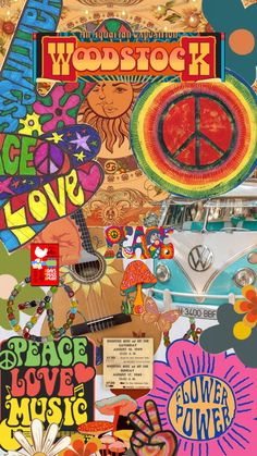 a collage of various stickers and symbols on a wall with the words woodstock love