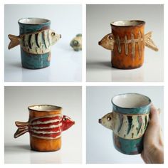 four pictures of fish mugs with different shapes and sizes, one has a fish inside the cup