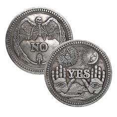 two mexican silver coins with the words no to yes on them