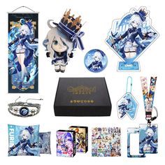 an assortment of anime character items including sunglasses, bracelets and keychain