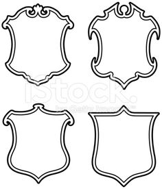 a set of four black and white shields with scrolls on each side, vintage line drawing or engraving illustration