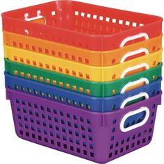 four plastic baskets stacked on top of each other in different colors and sizes, with handles