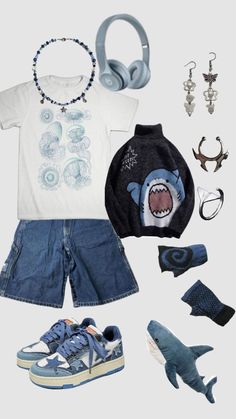 Haku Boys Outfit, Ocean Aesthetic Clothes, Blue Outfits Aesthetic, Shark Clothes, Silly Clothes, Summer Jewellery, Shark Shirt, Shark T Shirt, Funky Outfits