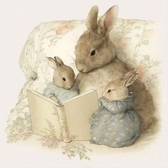 two rabbits sitting on a couch reading a book with another rabbit in the back ground