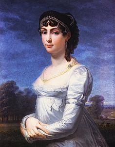 a painting of a woman in white dress with pearls on her head and hair pulled back