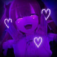 an anime character holding her hands up in the air with glowing hearts above her head