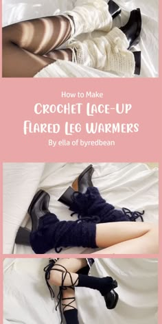 the legs and ankles of two women wearing high heeled shoes with text overlay that reads how to make crochet lace - up hard leg warmers