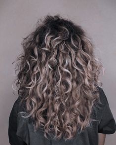 Grey Balayage Curly Hair, Blended Grey Curly Hair, Dark Curly Hair With Grey Highlights, Curly Hair Balayage Cool Tone, Ash Blonde Curly Hair Natural, Dark Grey Curly Hair, Ashy Brown Curly Hair Natural, Grey Ombre Curly Hair, Grey Curls Natural