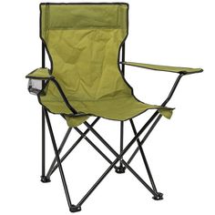 a green camping chair with a mesh bag on the armrests and side pocket