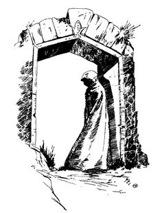 a black and white drawing of a man standing in front of an archway