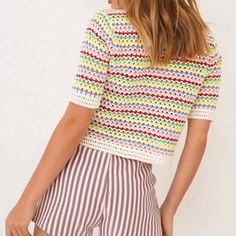 Summer Vacation Knit Top With Short Sleeves, Spring Vacation Knit Top With Short Sleeves, Multicolor Crew Neck Tops For Beach Season, Trendy Multicolor Short Sleeve Knit Top, Trendy Crew Neck Knit Top For Vacation, Y2k Style Tops For Beach Vacation, Multicolor Crew Neck Top For Vacation, Summer Vacation Crew Neck Knit Top, Casual Crew Neck Knit Top For Vacation