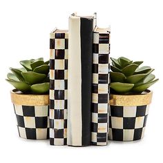 three black and white checkered planters with succulents next to each other