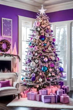 Purple And Pink Christmas Decorations, Pink Purple Blue Christmas Tree, Red And Purple Christmas Decor, Purple And Pink Christmas Tree, Bright Colored Christmas Tree, Pink And Purple Christmas Tree, Christmas Tree Purple, Purple Christmas Tree Decorations