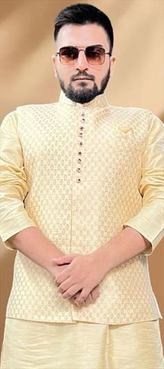 Gold color Nehru Jacket in Silk fabric with Thread work Luxury Art Silk Bollywood Nehru Jacket, Luxury Unstitched Cotton Silk Nehru Jacket, Luxury Gold Brocade Nehru Jacket, Luxury Raw Silk Nehru Jacket For Formal Events, Elegant Gold Nehru Jacket Luxury Level, Nehru Jacket, Nehru Jackets, Thread Work, Black Friday Sale