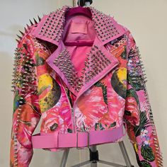 Studded Floral Faux Leather Belted Crop Moto Jacket Pink Moto Jacket, Painted Leather Jacket, Cropped Moto Jacket, Azalea Wang, Faux Leather Belts, Moto Jacket, Pretty Art, Faux Leather, Jackets & Coats