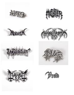 six different types of metal stickers in various styles and sizes, all with black lettering