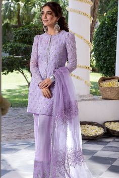 Lavender Embellished Pakistani  Party Dress In Trouser Style Makeup Tip, Pakistani Party Wear, Simple Pakistani Dresses, Pakistani Dress Design, Stylish Dress Designs, Trouser Style, Party Wear Dresses, Chiffon Shirt, Embellished Dress