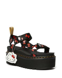 VEGAN HELLO KITTY SANDAL BLACK+RED HK BOW WEBBING – Posers Hollywood Hello Kitty Bow, Vegan Sandals, Sandal Platform, Hello Kitty Collection, Pretty Shoes, Platform Boots, Dr. Martens, Cute Shoes, On Shoes