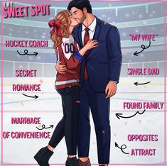 a man and woman are kissing in front of an ice rink with words around them