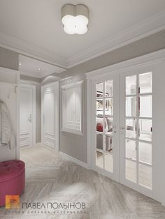 an empty room with french doors and pink bench in the center, surrounded by white closets