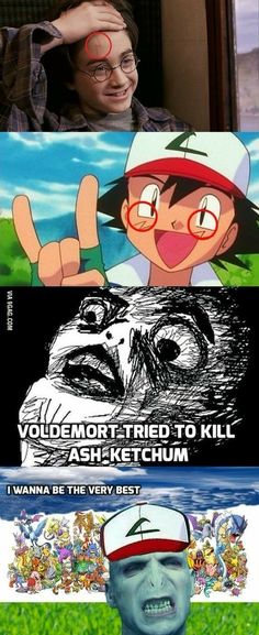 two cartoon faces with the caption, voldemort tried to kill ash - ketchum wanna be the very best