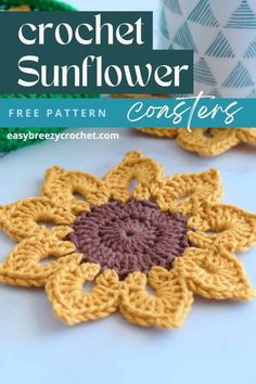 crochet sunflower coaster pattern with text overlay that says, ` ` free pattern '